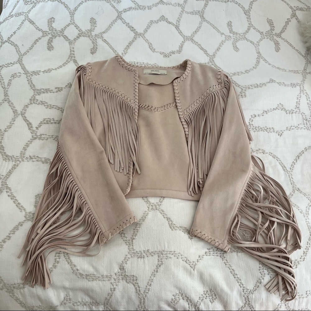 Zara Blush Fringe Cropped Leather Jacket